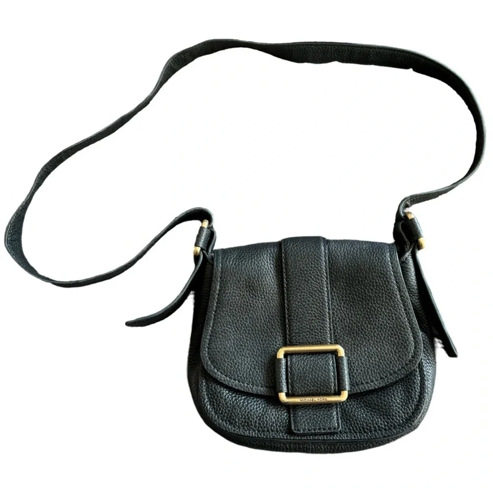 MICHAEL KORS Large Maxine Black Pebbled Leather Saddle Bag